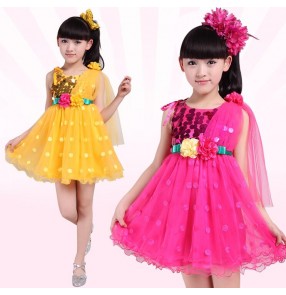 Red Fuchsia yellow gold green sequined paillette girls kids child children princess modern dance jazz dance performance dance outfits costumes